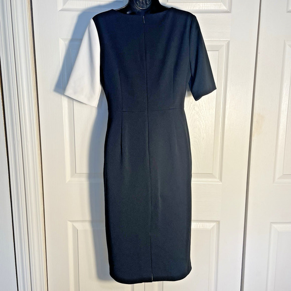 Maggie London Dress Women US 6 Black White Colorblock Asymmetric Neckline Career - Picture 3 of 11